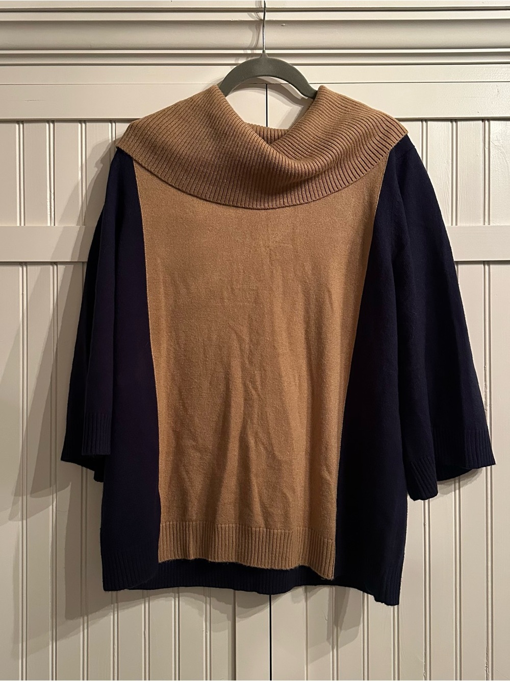 Knit by Hampshire Studio Two-Tone Cowl Neck Sweater in Camel and Navy Size XL